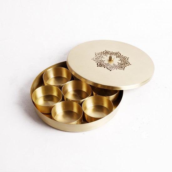 Buy Masala Box - Mandala Brass Spice Box With Lid | Golden Masala Daani For Kitchen by Courtyard on IKIRU online store