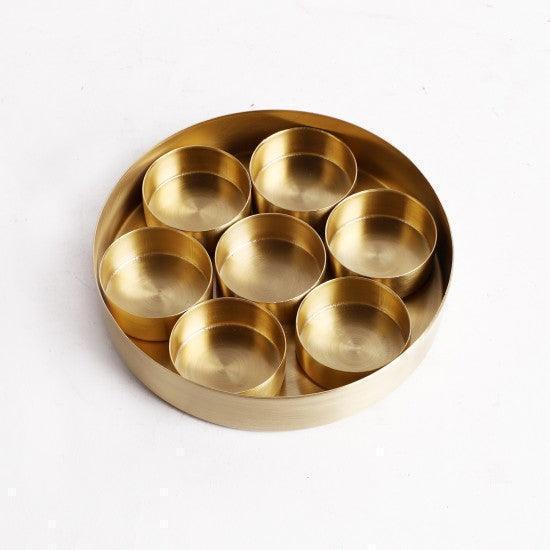 Buy Masala Box - Mandala Brass Spice Box With Lid | Golden Masala Daani For Kitchen by Courtyard on IKIRU online store