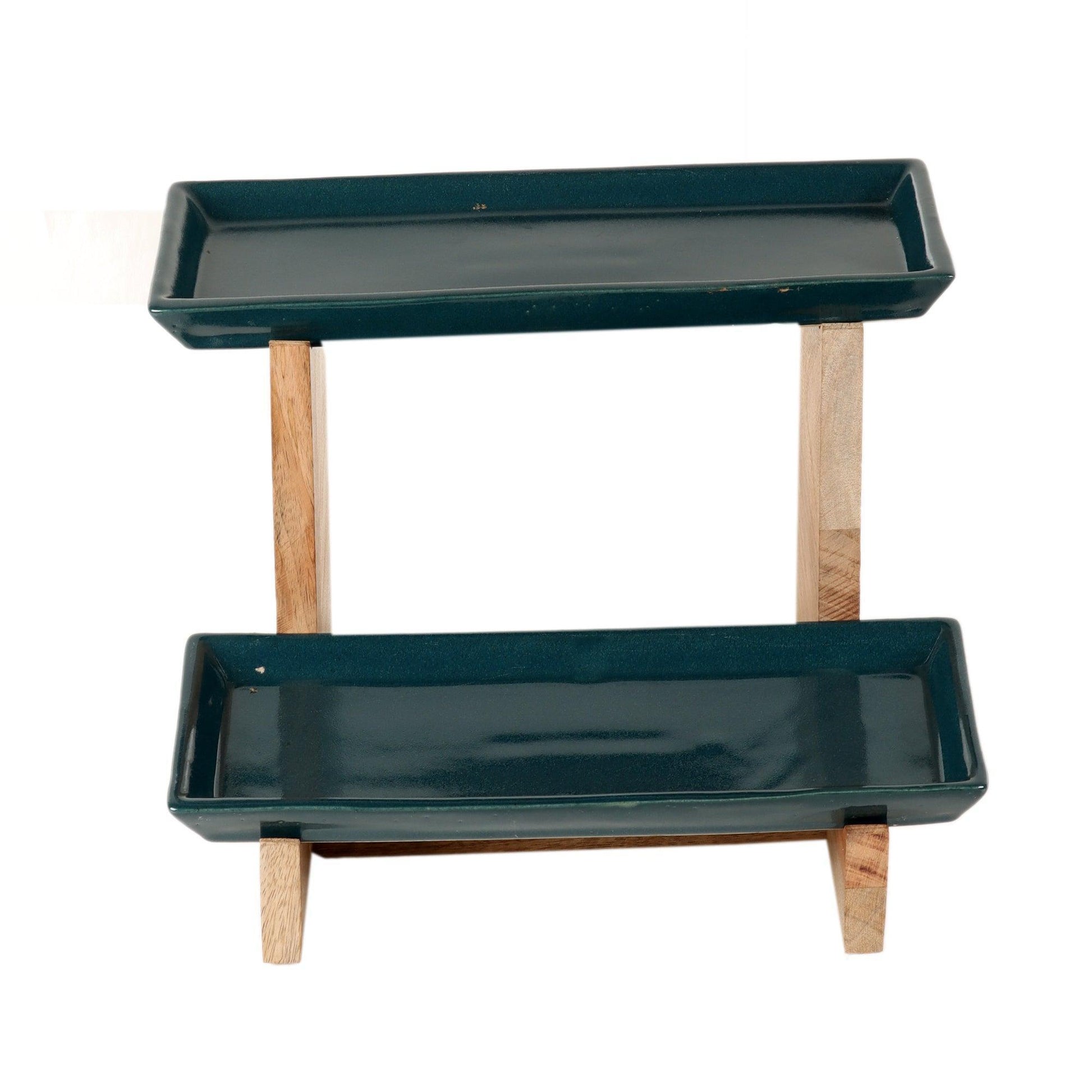 Buy Platter - Stylish Two Layer Wooden & Ceramic Green Platter For Serving by Amaya Decors on IKIRU online store