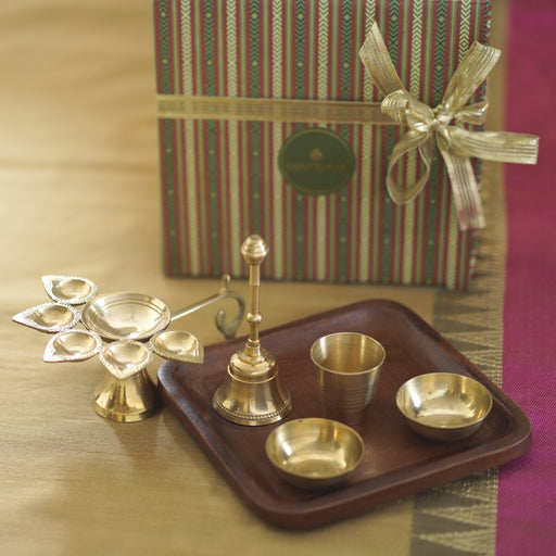 Buy Pooja Thali Set - Brass & Wooden Panchmukhi Pooja Thaali Gift Box Set Of 6 by Courtyard on IKIRU online store