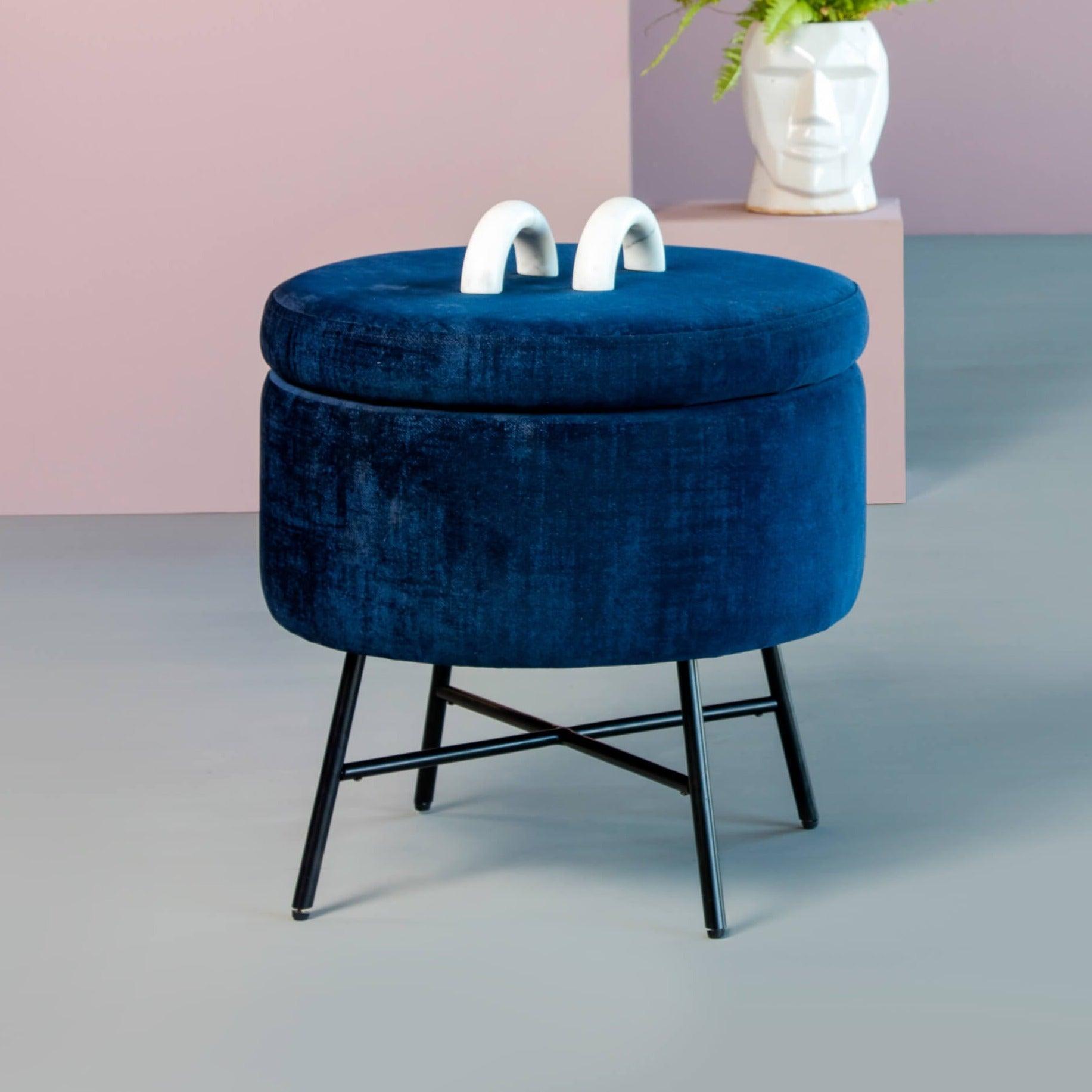 Buy Poufs - Modern Metal & Upholstery Round Pouf Open Up Storage | Blue Cusion Stool For Living Room by Orange Tree on IKIRU online store