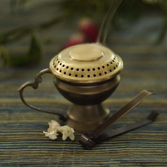 Buy Puja Essentials - Ajmeri Brass Fumer With Tong | Golden Dhoop Daan For Pooja & Home by Courtyard on IKIRU online store