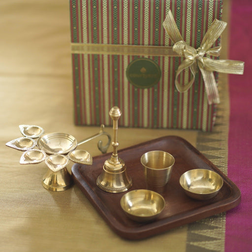 Buy Puja Essentials - Brass & Wooden Panchmukhi Pooja Thaali Gift Box Set Of 6 by Courtyard on IKIRU online store