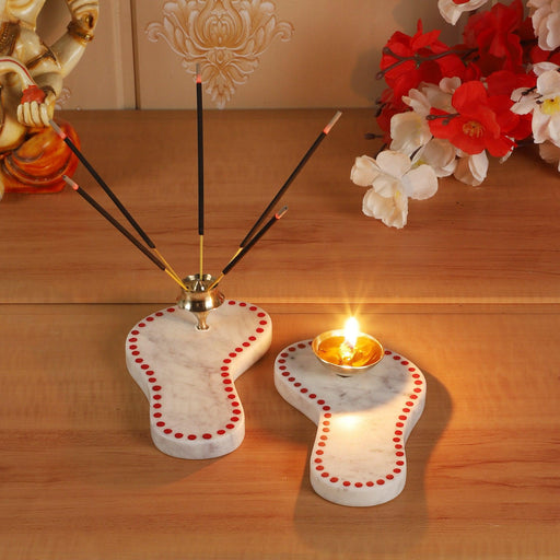 Buy Puja Essentials - Charan Paduka Marble Agarbatti & Diya Stand Set | Goddess Feet Incense Holder by Amaya Decors on IKIRU online store