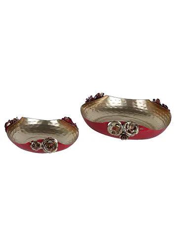 Buy Puja Essentials - Decorative Red & Gold Hammered Rose Urli Set Of 2| Unique Bowl For Decor by Amaya Decors on IKIRU online store