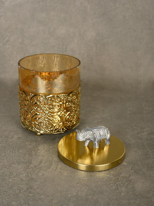 Buy Puja Essentials - Golden Jali Jar With Elephant Lid For Home Decor And Puja by Kaksh Studio on IKIRU online store