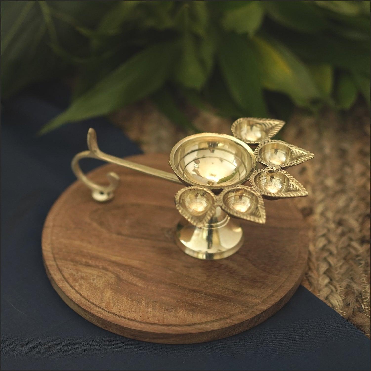 Buy Puja Essentials - Pavitra Golden Brass Panch Aarti Diya With Handle | Oil Lamp With 5 Wicks by Courtyard on IKIRU online store