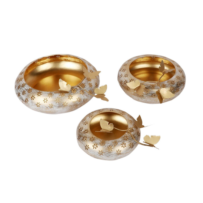 Buy Puja Essentials - White And Gold Tyre Metal Urli For Decor | Decorative Bowl Set Of 3 by Amaya Decors on IKIRU online store