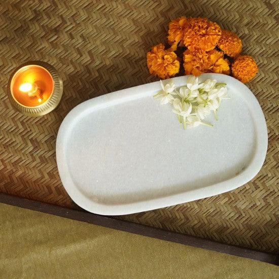 Buy Puja Essentials - White Minimal Pooja Platter | Decorative White Marble Tray For Table & Home Decor by Courtyard on IKIRU online store