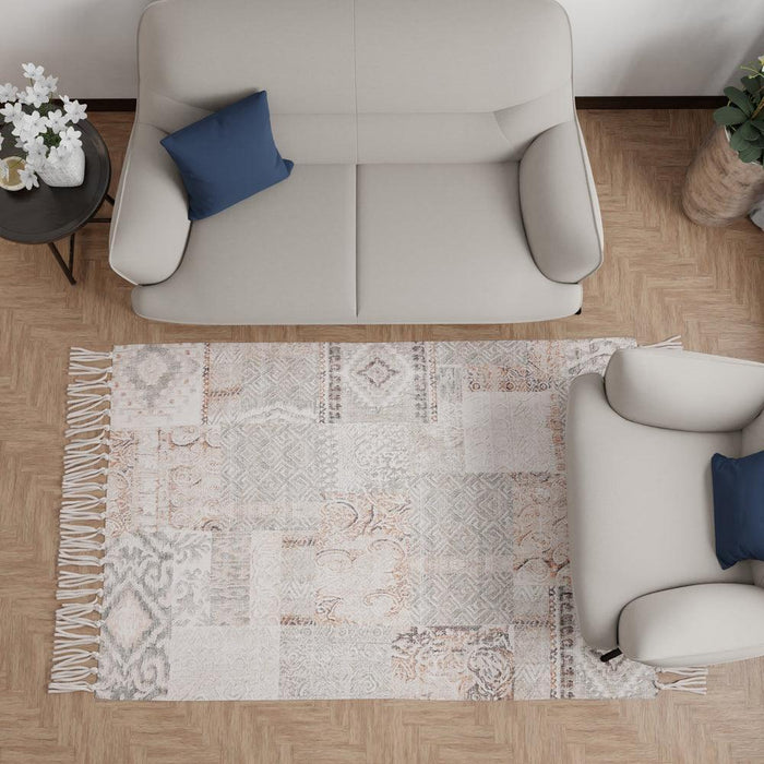 Buy Rugs - Printed Dhurrie Rug With Fringes For Living Room & Bed Room Rust and Beige Colour by Houmn on IKIRU online store