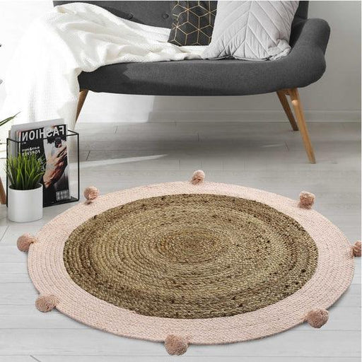 Buy Rugs - Reversible Jute and Cotton Rug with Pompom Edging Floor Mat For Living Room and Home by Sashaa World on IKIRU online store