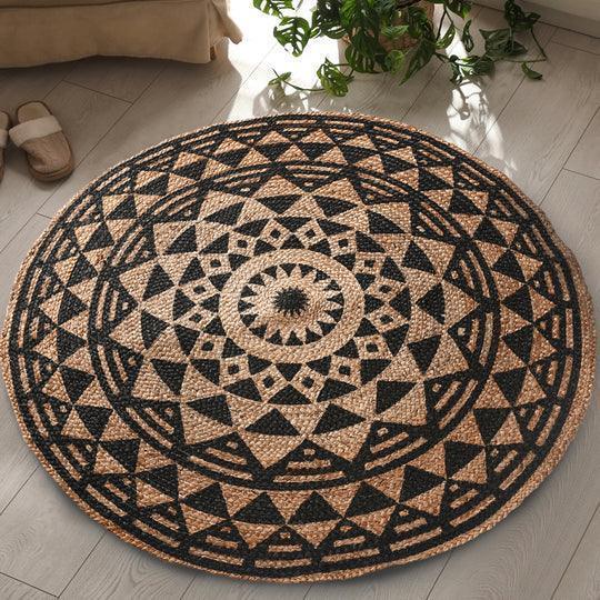 Round Black Symmetric Design Jute Rug | Circular Floor Mat For Living Room Bedroom & Home