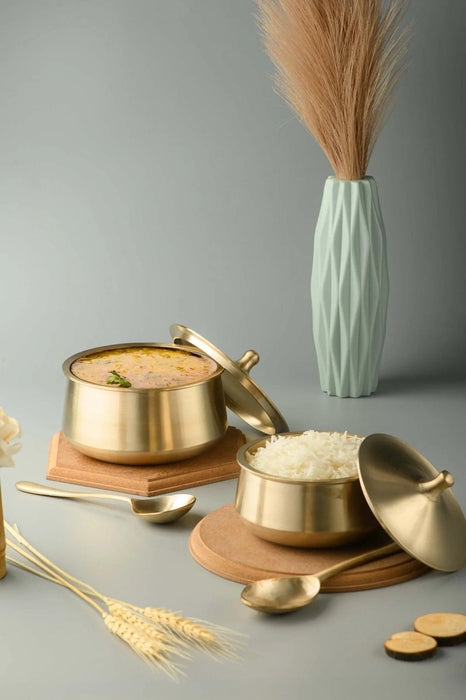 Buy Serving Bowl - Bronze Utensils | Kansa Serving Bowl With Lid and Ladle - Set of 2 Bronze Serving Vessels by Kansawala on IKIRU online store
