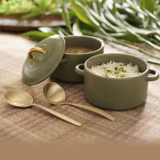 Buy Serving Bowl - Dogri 2 Tier Ceramic Serving Casserole with Brass Ladles by Courtyard on IKIRU online store