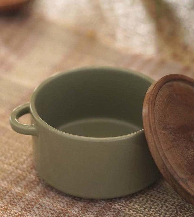 Buy Serving Bowl - Dogri Ceramic Casserole With Wooden Lid | Green Hotpot For Serving by Courtyard on IKIRU online store