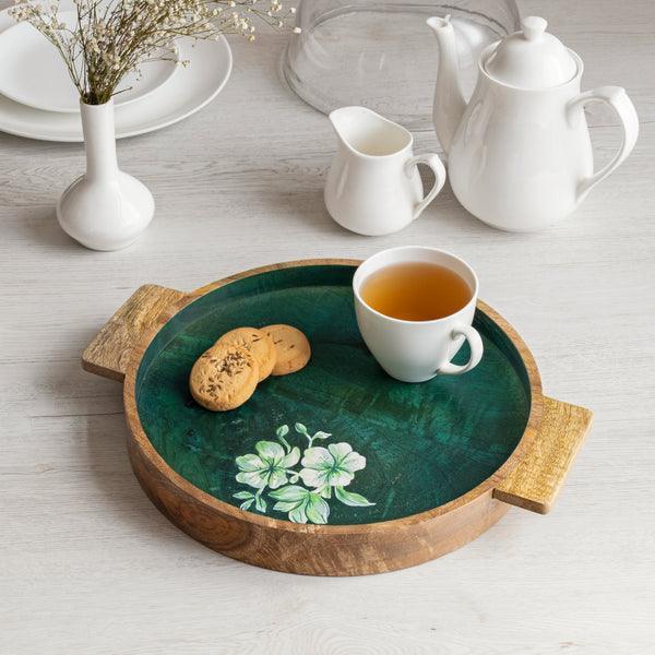 Buy Serving Platter & Tray - Floral Printed Wooden Round Serving Tray Green by Houmn on IKIRU online store