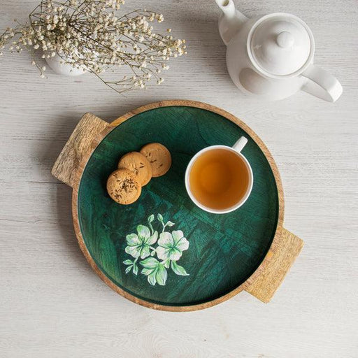 Buy Serving Platter & Tray - Floral Printed Wooden Round Serving Tray Green by Houmn on IKIRU online store