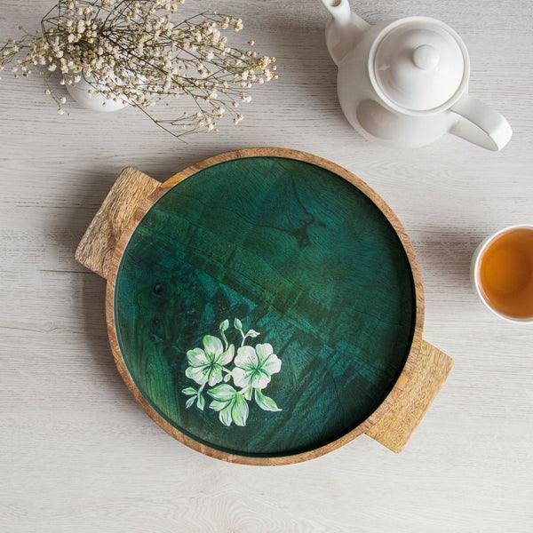 Buy Serving Platter & Tray - Floral Printed Wooden Round Serving Tray Green by Houmn on IKIRU online store