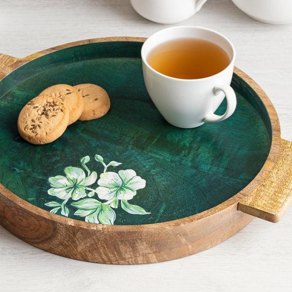 Buy Serving Platter & Tray - Floral Printed Wooden Round Serving Tray Green by Houmn on IKIRU online store