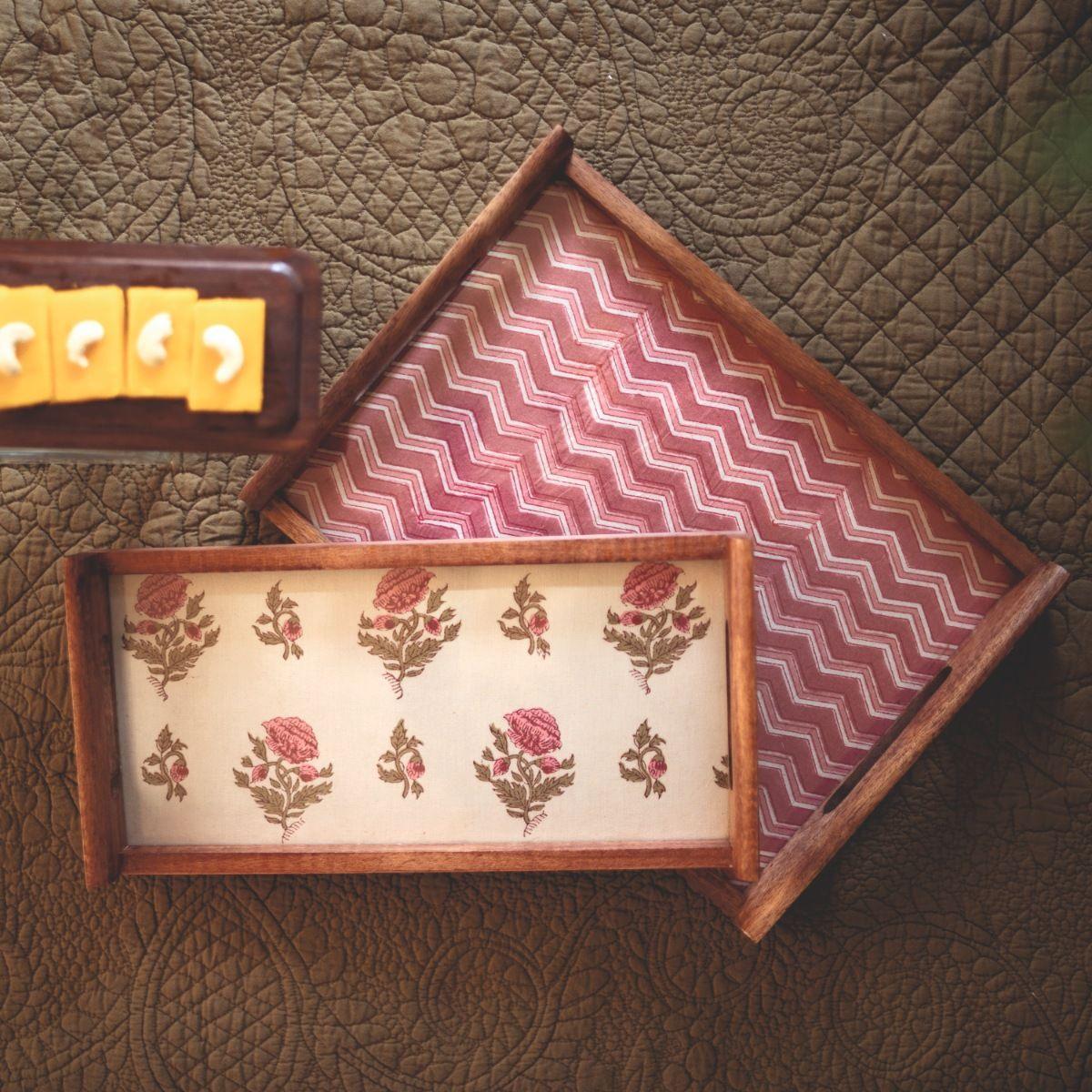 Buy Serving Platter & Tray - Sahul Wood & Fabric Printed Serving Tray Large For Dining Table & Home by Courtyard on IKIRU online store