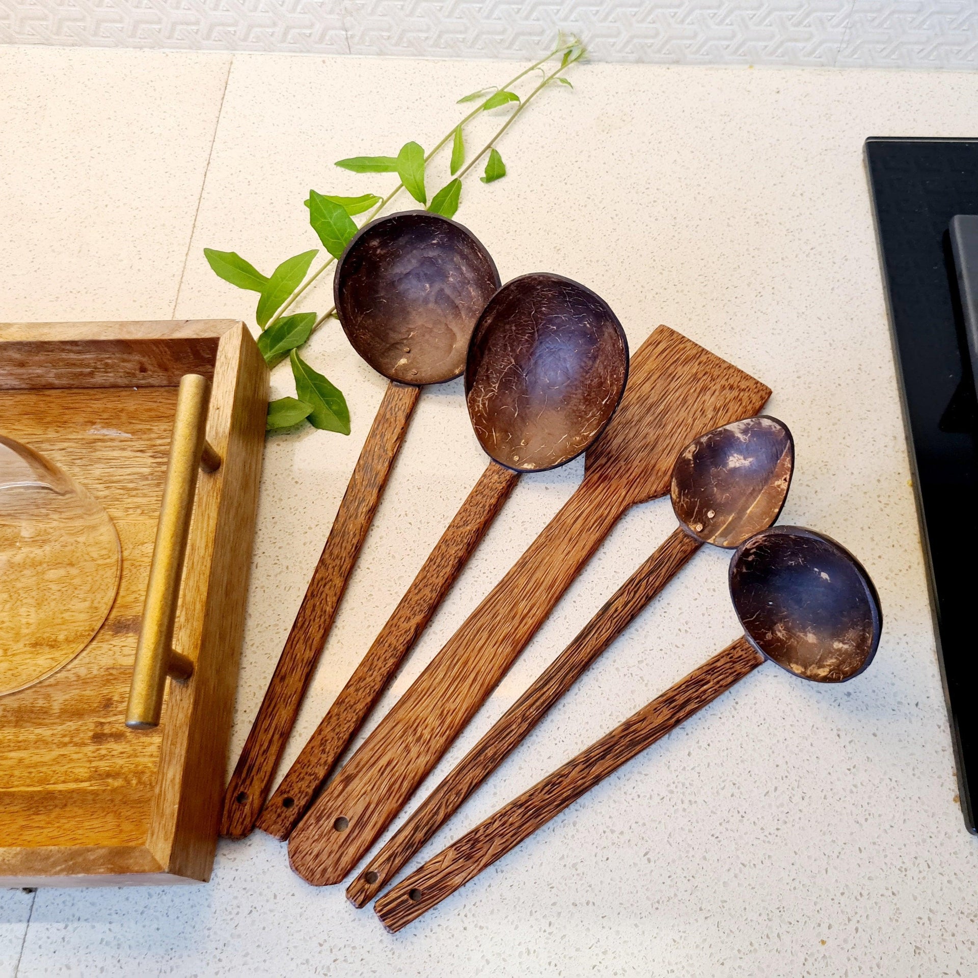 Coconut Shell Cooking & Serving Spoon Set of 5 | Wooden Kitchenware & Cutlery For Home