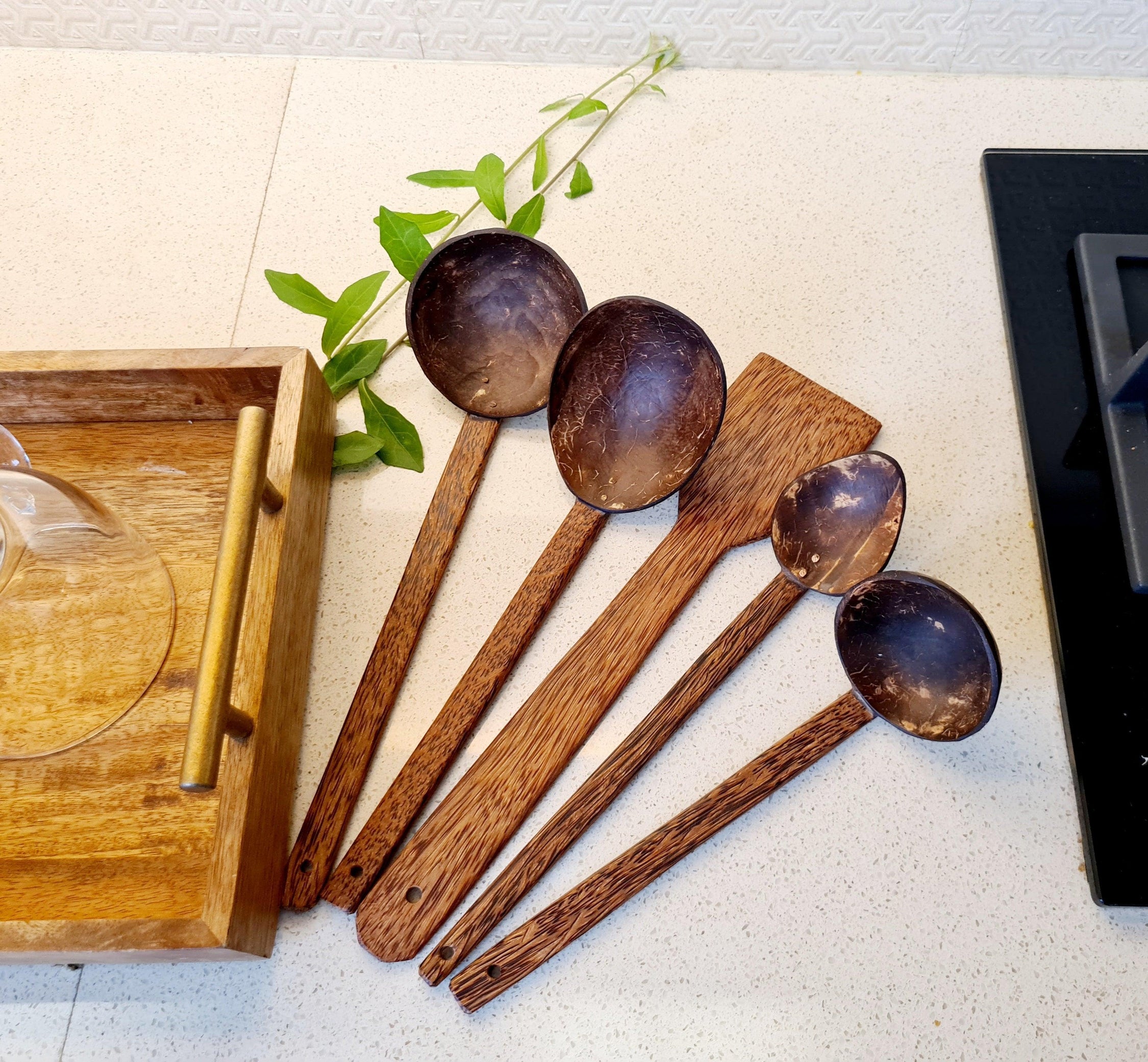 Coconut Shell Cooking & Serving Spoon Set of 5 | Wooden Kitchenware & Cutlery For Home