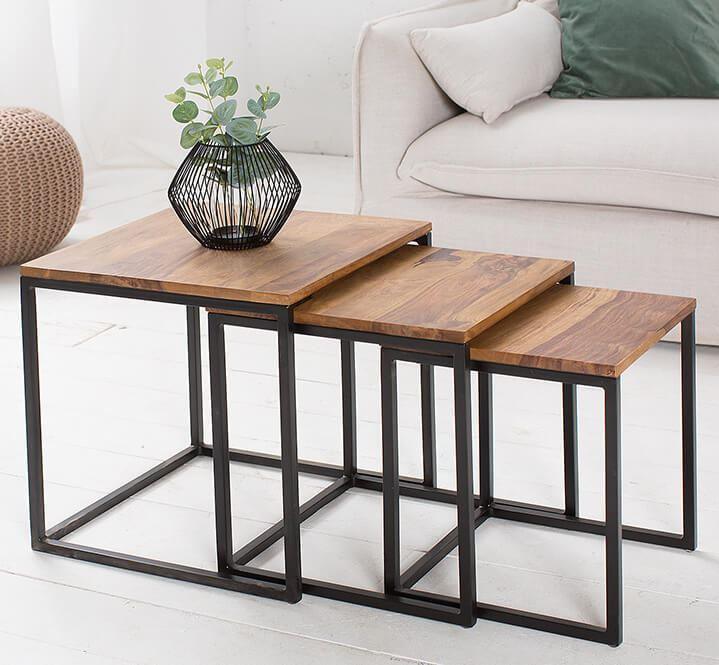 Buy Side Table - 3 Pcs Wood & Metal Center Tables Set | Pollo Stools For Living Room by The home dekor on IKIRU online store