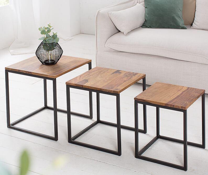 Buy Side Table - 3 Pcs Wood & Metal Center Tables Set | Pollo Stools For Living Room by The home dekor on IKIRU online store