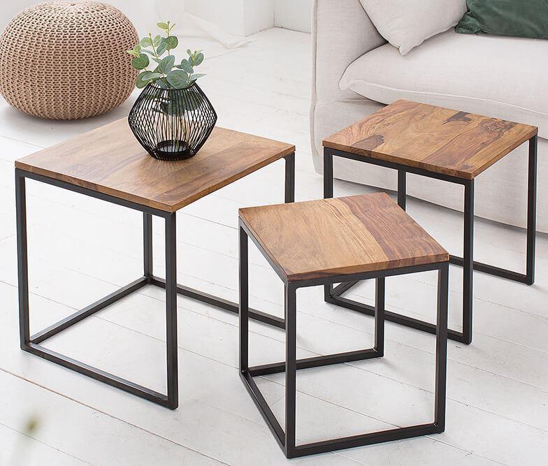 Buy Side Table - 3 Pcs Wood & Metal Center Tables Set | Pollo Stools For Living Room by The home dekor on IKIRU online store