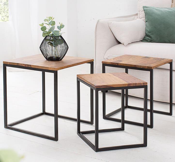 Buy Side Table - 3 Pcs Wood & Metal Center Tables Set | Pollo Stools For Living Room by The home dekor on IKIRU online store