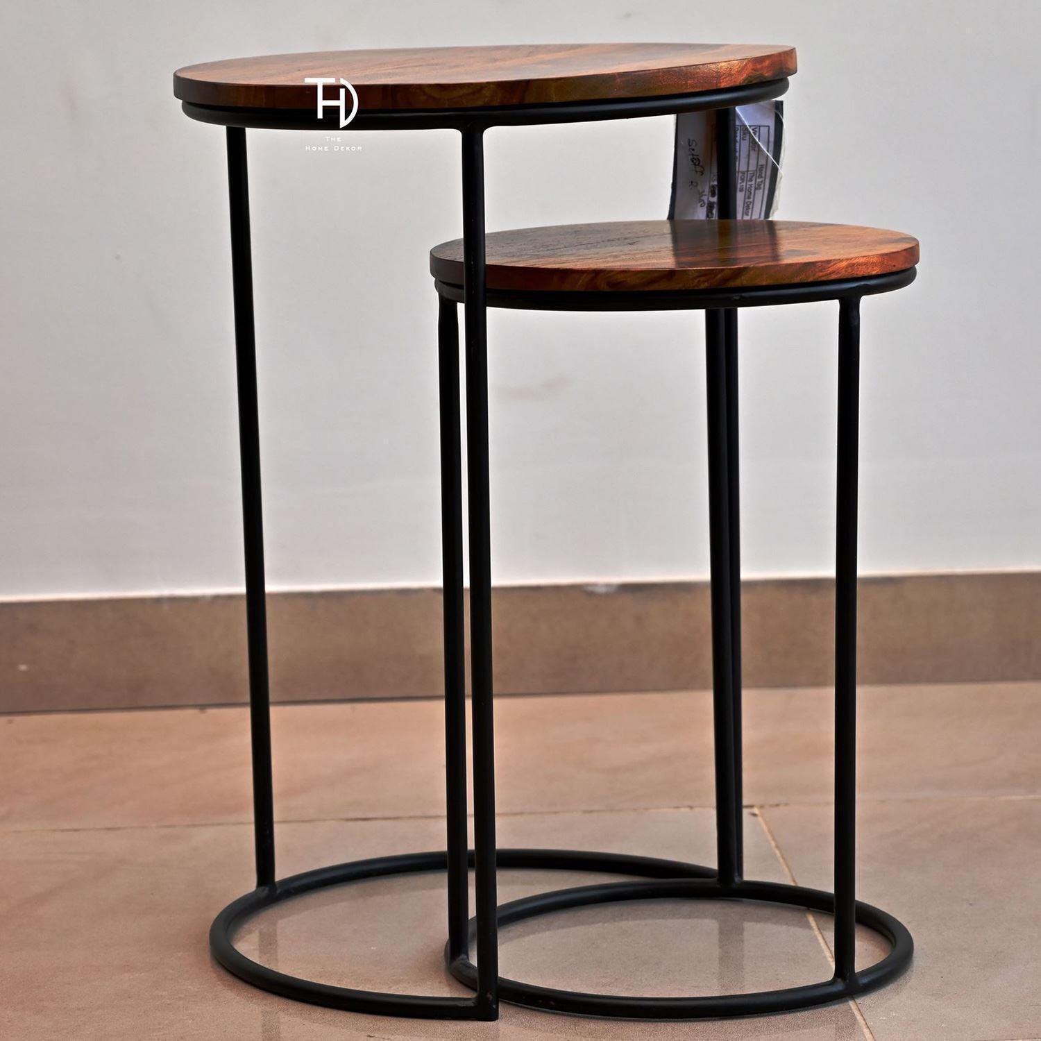 Buy Side Table - Black Wood & Metal Round Stool Table Set Of 2 For Living Room by The home dekor on IKIRU online store