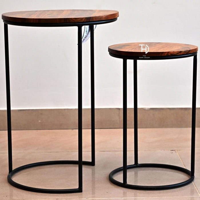 Buy Side Table - Black Wood & Metal Round Stool Table Set Of 2 For Living Room by The home dekor on IKIRU online store