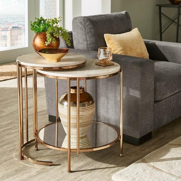 Round Nest of Tables For Living Room Set of 2 Accent Table Marble Top & Rose Gold Finish