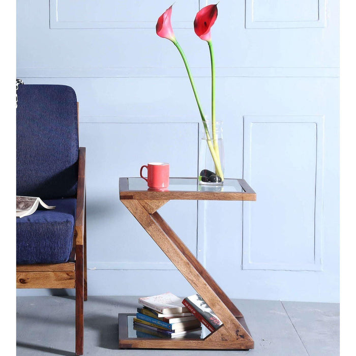 Buy Side Table - Z Shaped Wooden Table With Glass Top | Side Table For Living Room by The home dekor on IKIRU online store