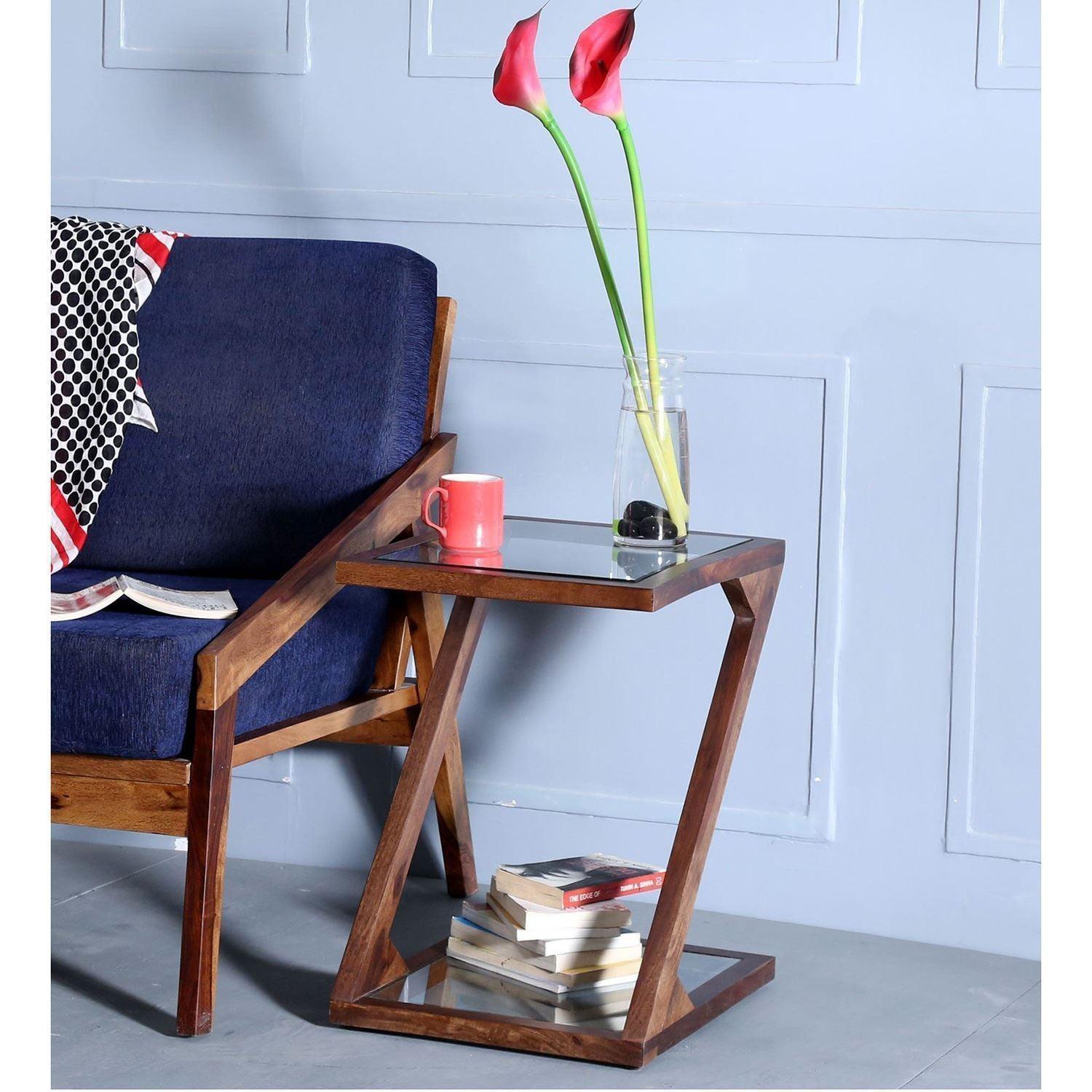 Buy Side Table - Z Shaped Wooden Table With Glass Top | Side Table For Living Room by The home dekor on IKIRU online store