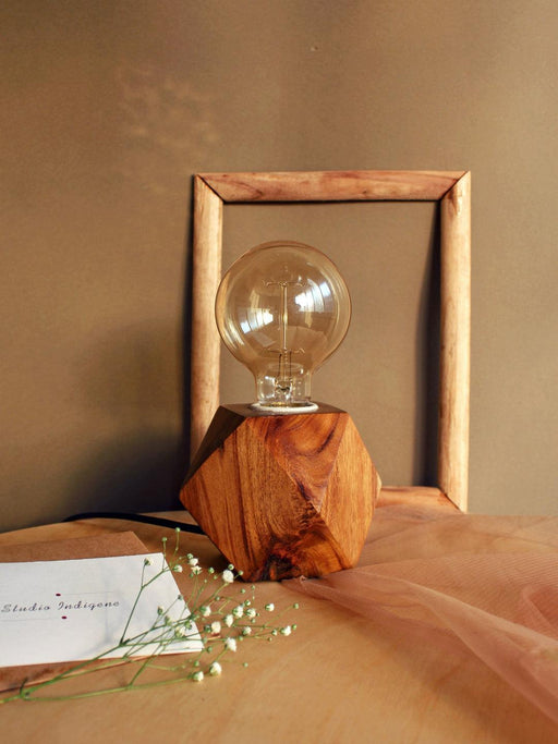 Buy Table lamp - Wooden Cube Base Lamp with Bulb for Ambient Lighting and Home Decor by Studio Indigene on IKIRU online store