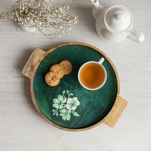 Buy Tray - Floral Printed Wooden Round Serving Tray, Green by Houmn on IKIRU online store