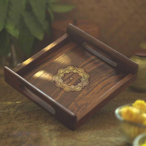 Buy Tray - Stylish Wooden & Brass Mandala Square Serving Tray For Home & Gifting by Courtyard on IKIRU online store