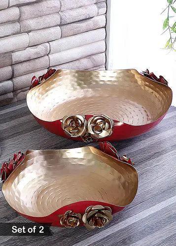 Buy Urli Bowl - Decorative Red & Gold Hammered Rose Urli Set Of 2| Unique Bowl For Decor by Amaya Decors on IKIRU online store