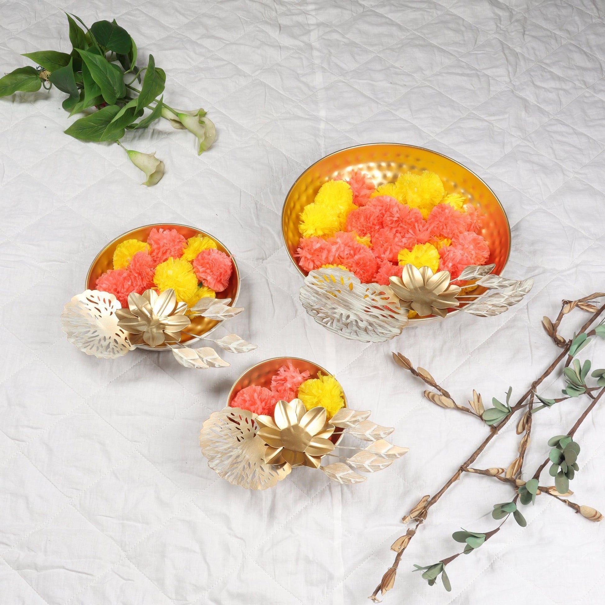 Buy Urli Bowl - Elegant Gold Flower Urli Set Of 3 | Decorative Traditional Bowl For Home by Amaya Decors on IKIRU online store