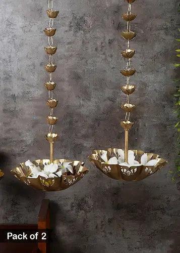 Buy Urli Bowl - Golden Hanging Lotus Cut Diya Urli Set Of 2 For Pooja Room & Decor by Amaya Decors on IKIRU online store