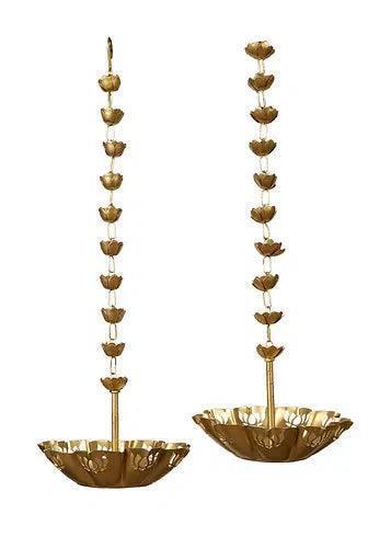 Buy Urli Bowl - Golden Hanging Lotus Cut Diya Urli Set Of 2 For Pooja Room & Decor by Amaya Decors on IKIRU online store