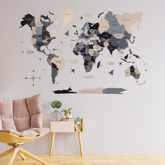 Buy Wall Art - 3D Wooden Wall Art Decor, World Map Decal, Black and Beige by Wooden Art Studio on IKIRU online store