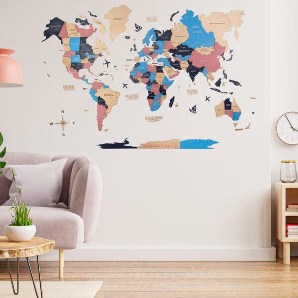 Buy Wall Art - 3D Wooden Wall Art Decor, World Map Decal, Cotton Candy by Wooden Art Studio on IKIRU online store