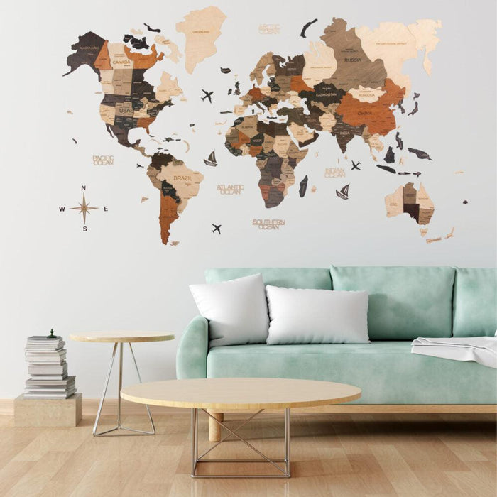 3D Wooden World Map - Living Room (multicolor)