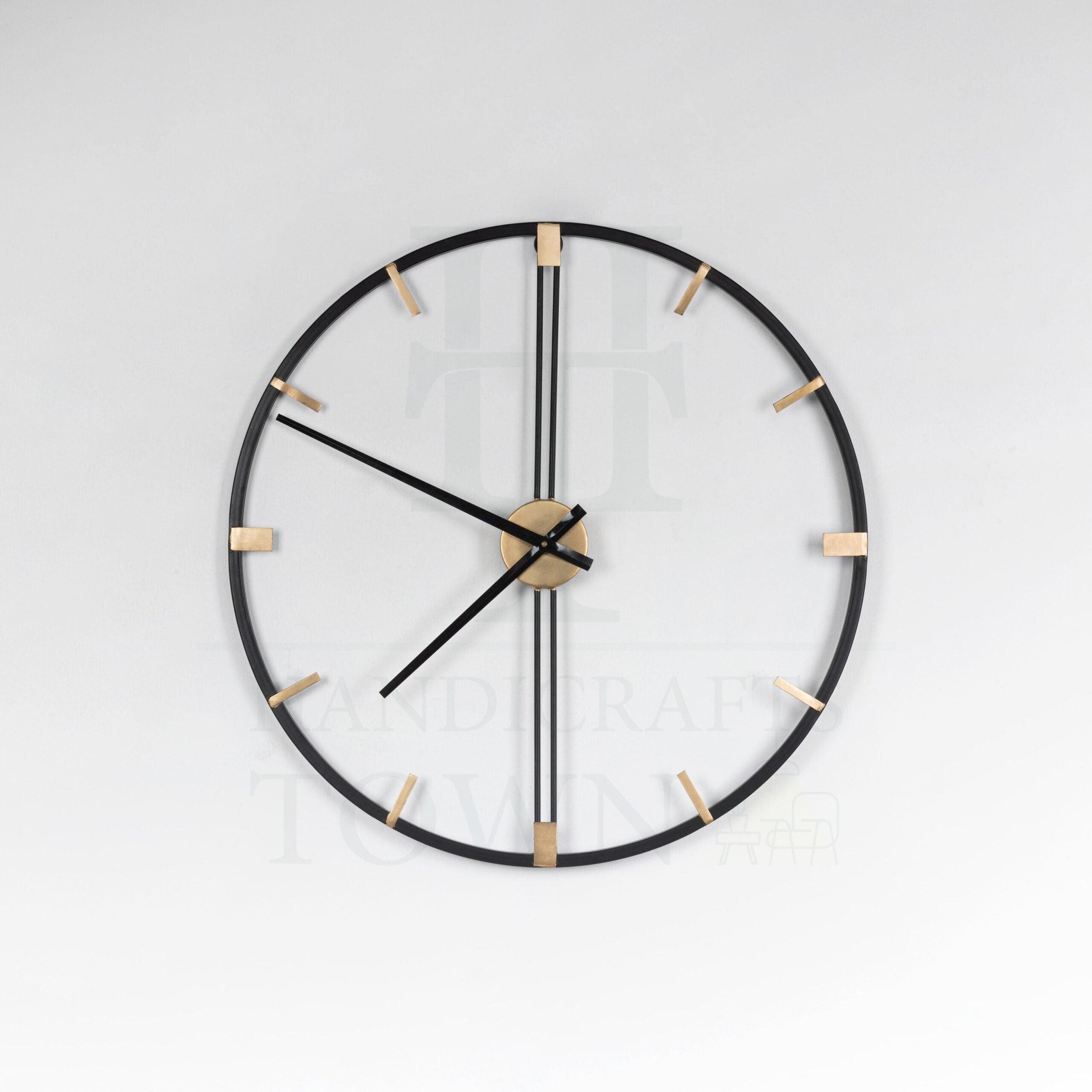 Buy Black & Golden Metal Round Wall Clock For Home Interior Decoration