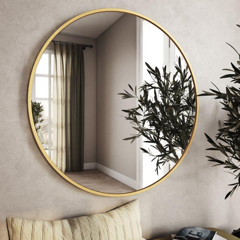 Buy Wall Mirror - Golden Bordered Minimalist Round Wall Mirror | 33 Inches Decorative Mirror by Handicrafts Town on IKIRU online store